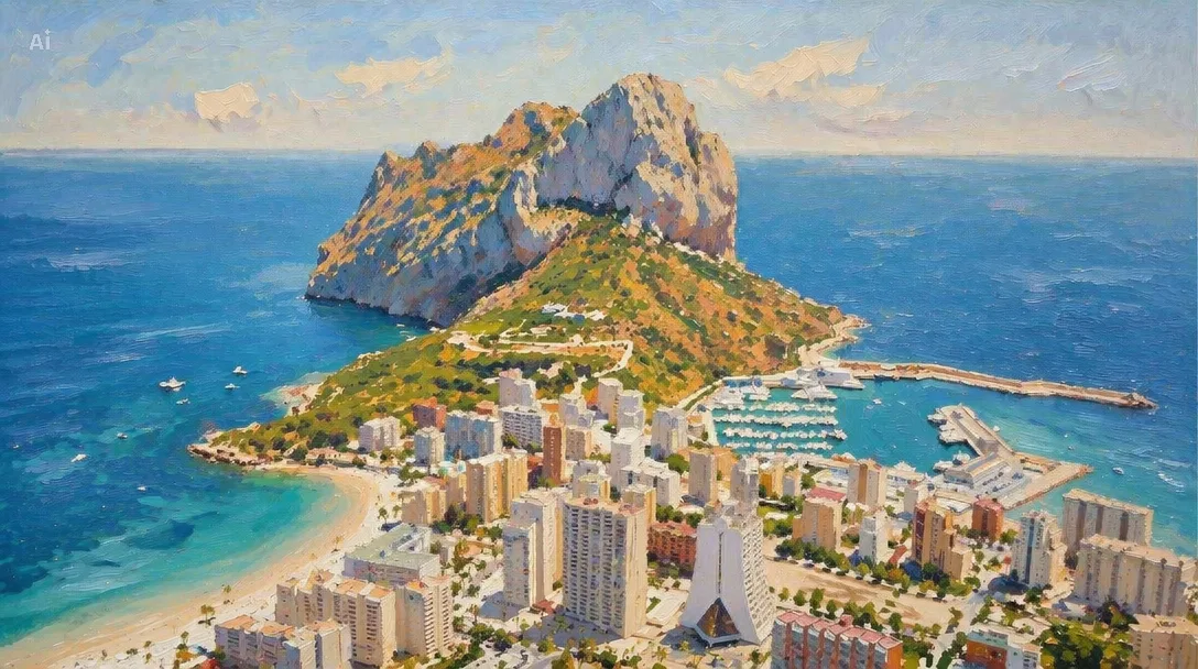Painterly view of Calpe coastline and Penon de Ifach